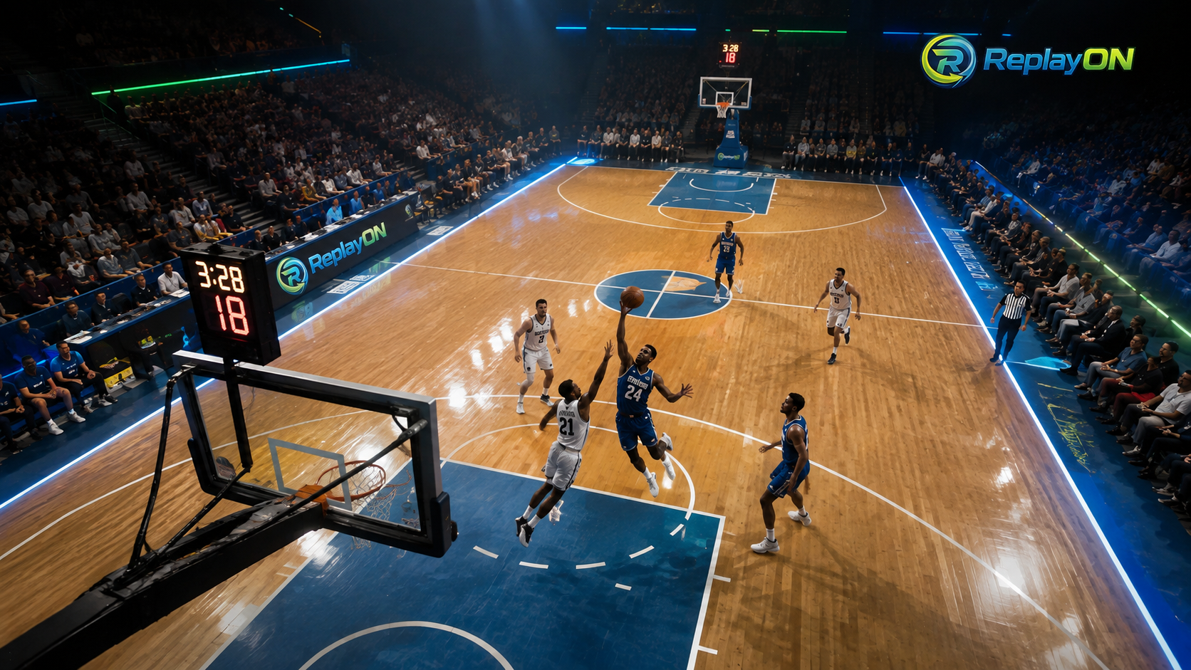 Partida de basquete vista do ângulo elevado de uma câmera ReplayON